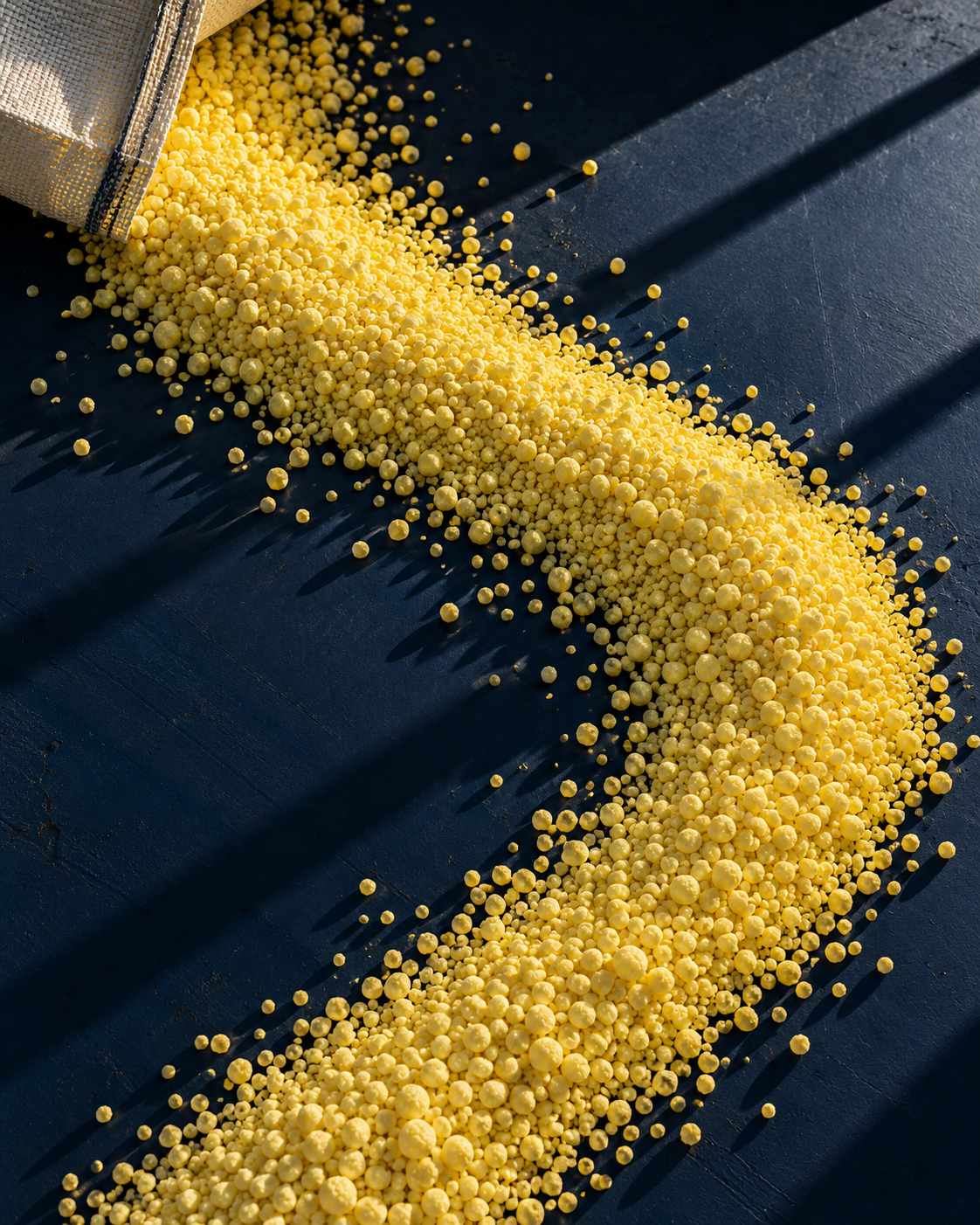 Conceptual composition of granular sulphur spilling across a deep blue surface
